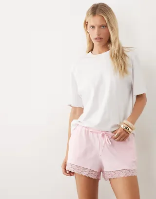 ASOS DESIGN satin lace trim drawstring shorts in light pink - part of a set