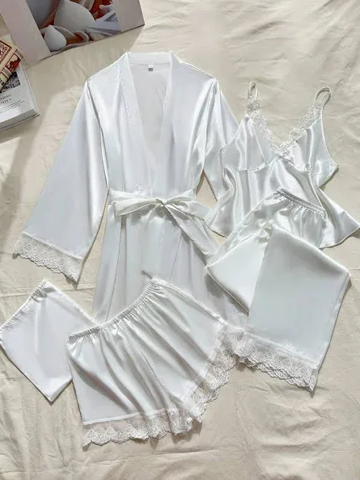 SHEIN White 5 Piece Satin Sleepwear Set Women's Pajama Sets Pyjamas PJs Lace Camisole Top Pants Shorts Belted Robe Slim