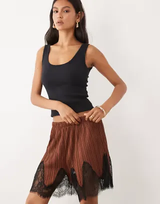 ASOS DESIGN mix & match plisse shorts in brown with black lace trim