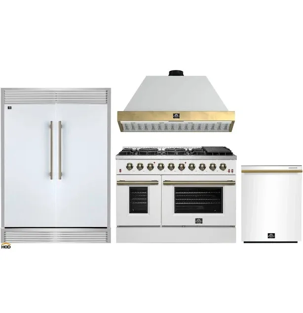 Forno 4-Piece Appliance Package - 48-Inch Galiano Gas Range, Wall Mount Range Hood, 60-Inch Refrigerator, Dishwasher in