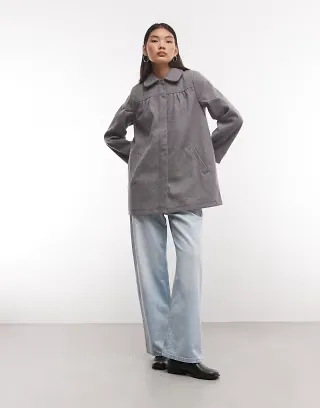 Reclaimed Vintage gray pinstripe femme peter pan collar midi mac jacket