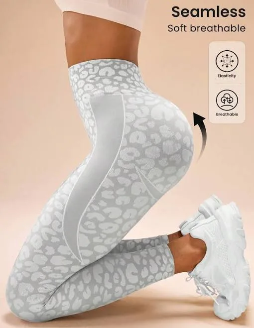 Gray White Leopard Print Seamless Jacquard High Waist Yoga Leggings Women's Gym Activewear Sports Pants All Over Print S