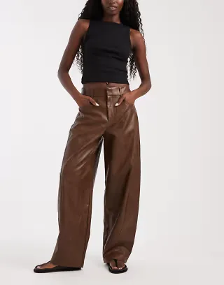 ASOS DESIGN Tailored faux leather barrel pants in light brown