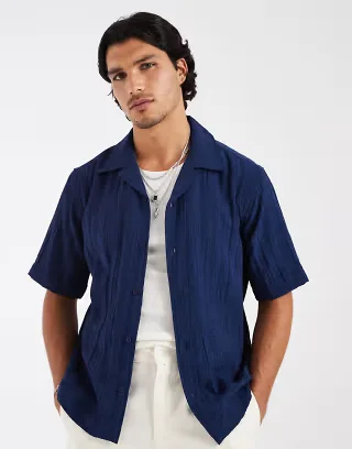 ONLY & SONS regular fit textured shirt with camp collar in navy