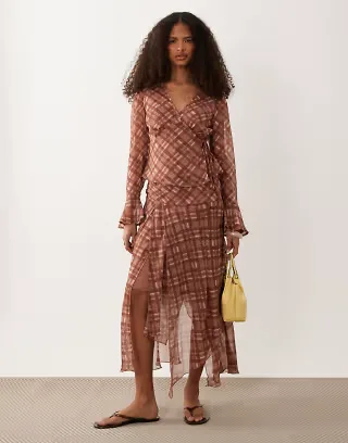 Wednesday's Girl hanky hem midaxi skirt in brown tartan - part of a set