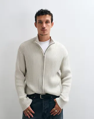 Weekday zip up rib knit cardigan in off white