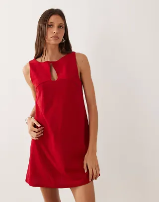 ASOS DESIGN corduroy slash neck keyhole mini dress in red