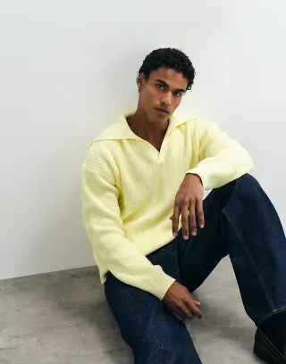 ASOS DESIGN oversized knitted extreme open collar polo sweater in yellow