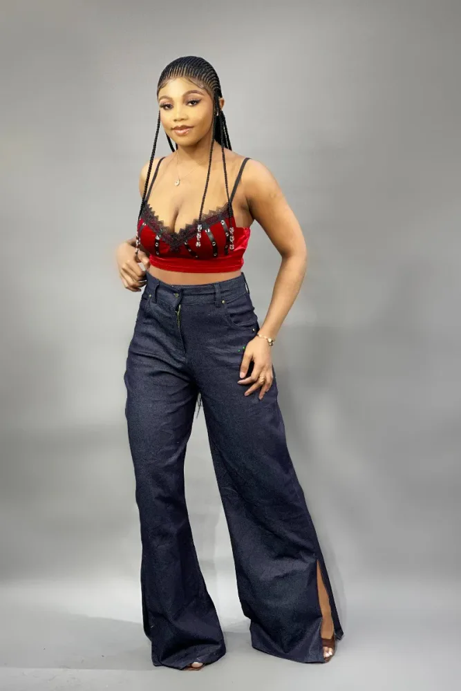 HIGH WAIST SIDE SLIT STRAIGHT DENIM TROUSER