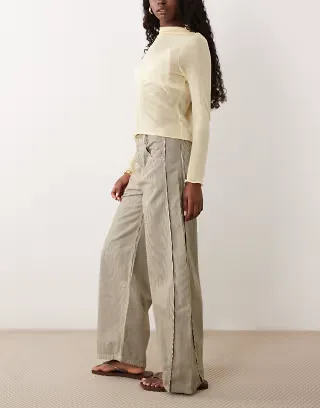 ASOS DESIGN horseshoe pants with tab waist detail in khaki striped print