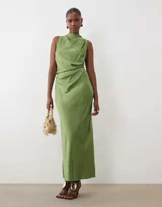 ASOS DESIGN pleated gathered bodice satin maxi dress with high neck in olive green