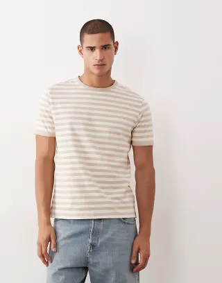 Threadbare crew neck ringer T-shirt in stone and white stripe