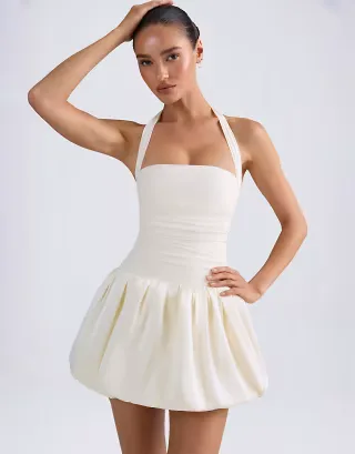 Oh Polly satin halter neck ruched bubble hem mini dress in ivory