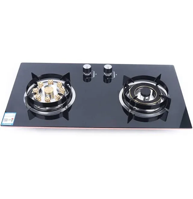 Kitchen Natural Gas Cooker Gas Cooktop Stove Top 2 Burners Built-in NG Gas Stove, Black, Glass, Countertop Installation