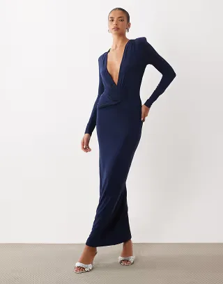Missy Empire slinky shoulder pad v neck twist front maxi dress in navy