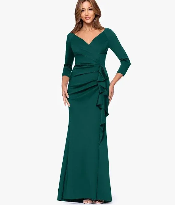 XSCAPE Women's 3/4-Sleeve Ruffle Scuba Slim Maxi Dress