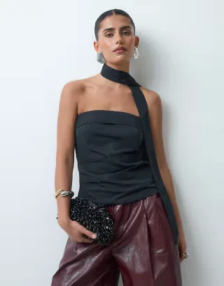 JJXX ruched bandeau top with scarf detail in black