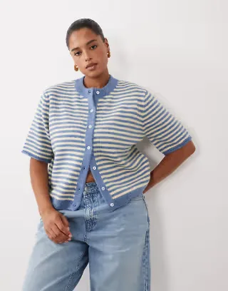 ASOS DESIGN Curve lightweight relaxed cardigan in blue & buttermilk