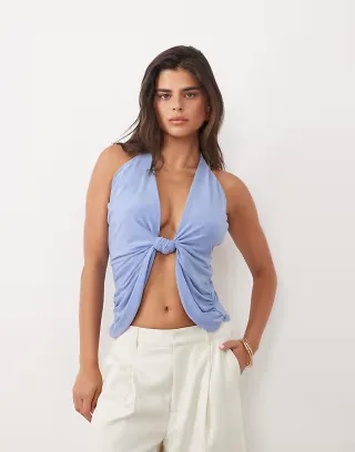 ASOS DESIGN knotted plunge neck draped top with skinny straps in blue