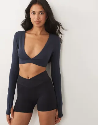 4505 soft touch cross front long sleeve cropped top in midnight navy