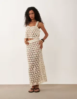 ASOS DESIGN premium hand crochet floral midi skirt in cream - part of a set