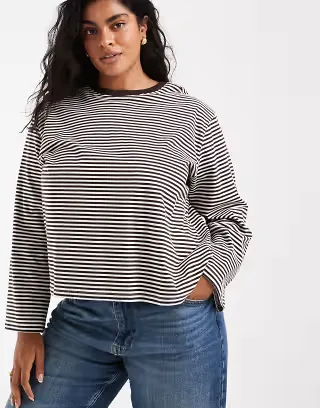 ONLY Curve long wide sleeve top in chocolate and cream stripes