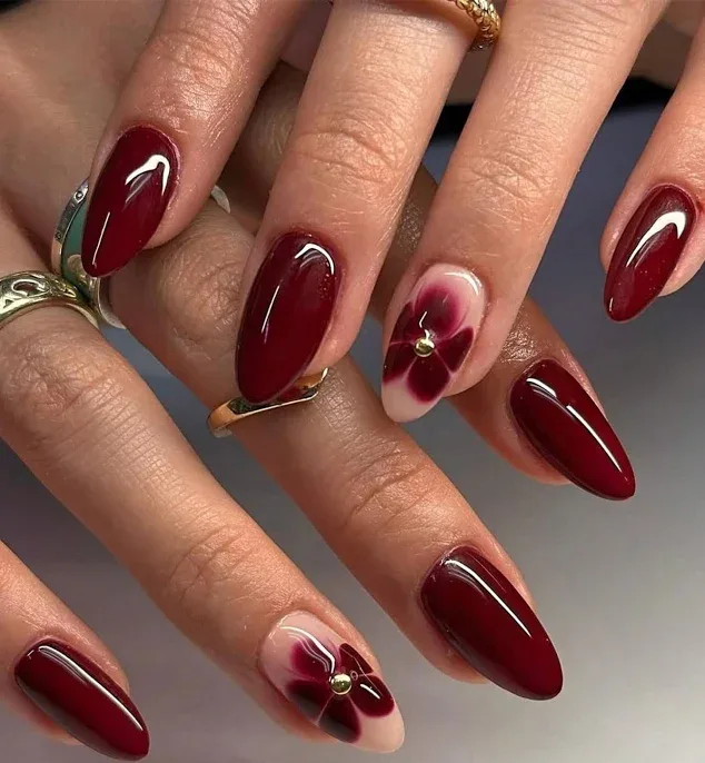 24pcs Red Almond French Press On False Nails Acrylic Designs French Tip Glossy Floral Print Stickers Set For Women Girls