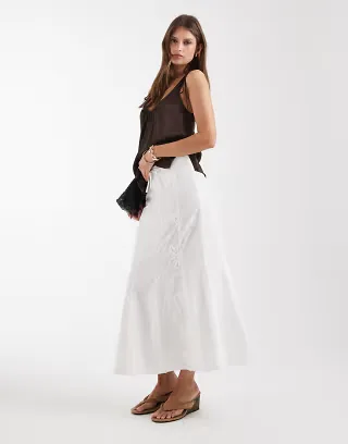 Laagam lila mid rise flare midaxi boho skirt in white