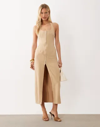ASOS LUXE zip front denim maxi dress in camel