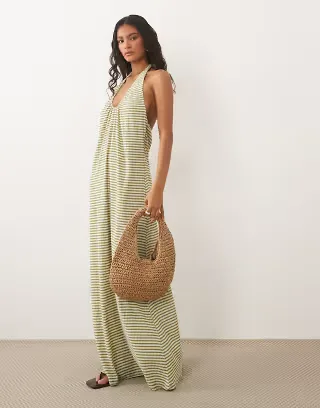 ASOS DESIGN scoop halterneck midi dress in olive and white gingham