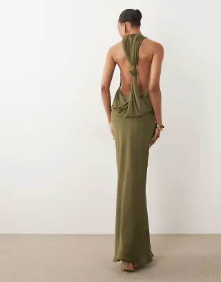 ASOS DESIGN Tall draped halter neck maxi dress with knot back detail in khaki