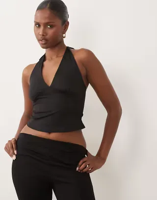The Frolic exclusive slinky plunge halterneck top in black