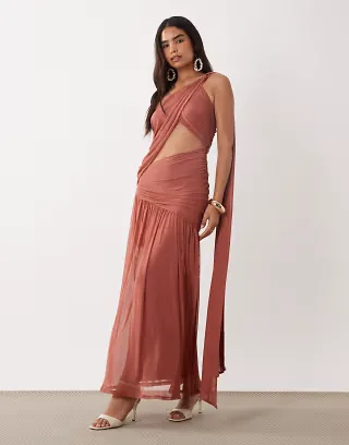 ASOS DESIGN asymmetric tie sash maxi dress with draped panels and cut out in clay