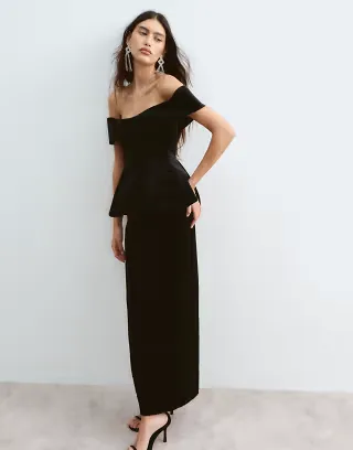 ARRANGE velvet structured off the shoulder maxi dress in black