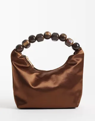 ASOS DESIGN satin grab clutch bag with resin ball handle in chocolate