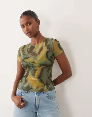ASOS DESIGN sheer mesh baby tee in green abstract