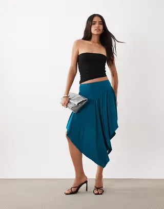 ASOS DESIGN slinky V-front gathered hi-low midi skirt in teal