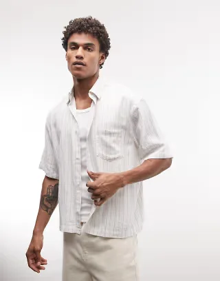 Weekday Franco short sleeve linen blend shirt in white and gray stripes