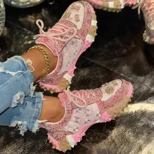 Designer Womens Leather Sneakers - Thick Sole Rhinestone Casual Platform Shoes for Outdoor Running