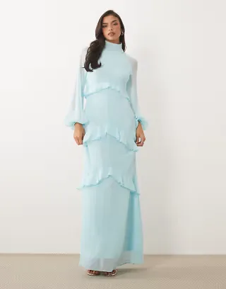 Daska chiffon tiered frill high neck maxi dress in soft blue