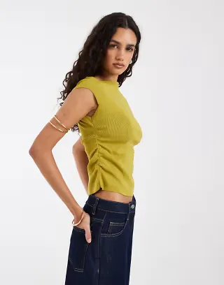 ASOS DESIGN compact knit boat neck top with ruching in khaki