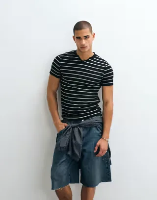 ASOS DESIGN textured fabric slim t-shirt in black stripes