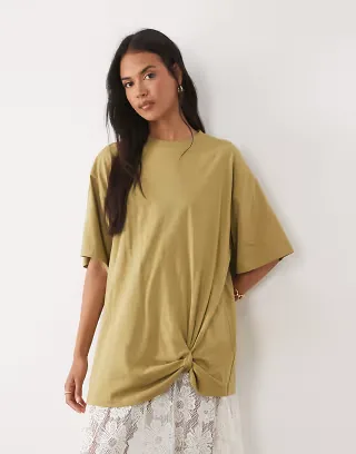 ASOS DESIGN oversized graphic tee with lace cami underdress in green