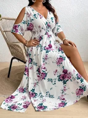 SHEIN Plus Size Allover Print Maxi Dress with High Slit