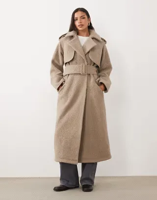 Aria Cove boucle oversized collar detail belted longline trench coat in mocha
