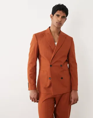 ASOS DESIGN 100% cotton linen look regular fit double breasted suit blazer in burnt orange