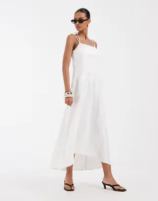 & Other Stories linen midi dress with thin crossover straps in white