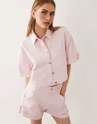 ASOS DESIGN denim boxy shirt in pink - part of a set