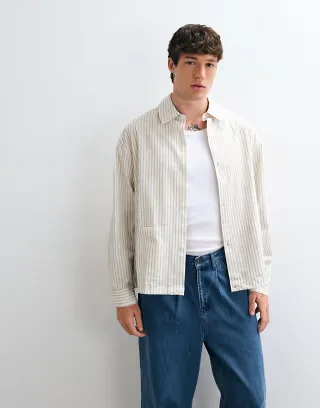 ASOS DESIGN oversized striped shirt with toggle hem detailing in off white