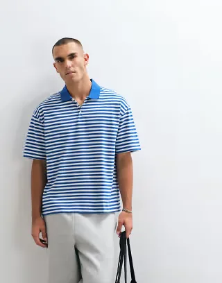 ASOS DESIGN heavyweight oversized polo in blue stripe